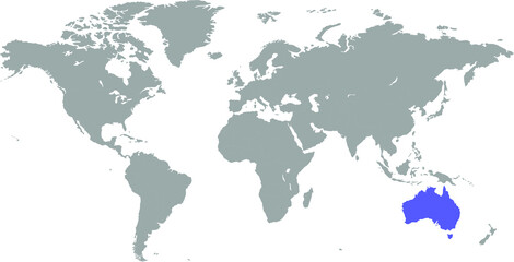 Australia continent blue marked in grey silhouette of World map. Simple flat vector illustration.