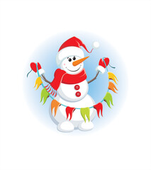 Happy smiling snowman holding a festive garland. Holidays greeting card.