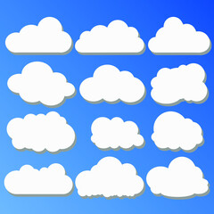 Cloud white set isolated on blue background. Vector illustration.