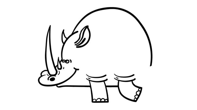 Cartoon rhinoceros walking cycle. Whiteboard black and white animation. Cute 2d hand made African self drawing outline animal character good for any use. 
