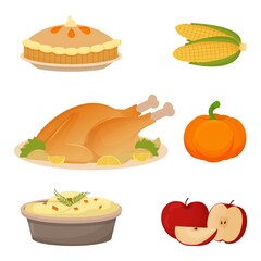 Set of Thanksgiving food turkey, mashed potatoes, apples, pumpkin, corn and pie. Collection of objects isolated on white background.