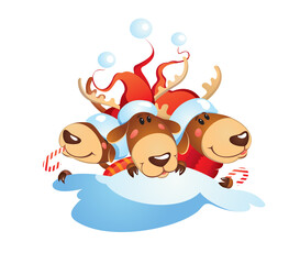 Christmas card with funny smiling deers on white background. Holidays greeting illustration.