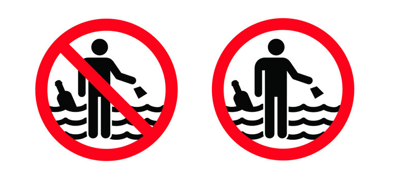 Stop, It Is Forbidden To Throw Garbage, Bottle The Water, Sea. Flat Vector Refuse, Waste Sign. Save The Water Day. No, Plastic Water Bottles Pollution In Ocean Environment Concept. Put It In The Trash