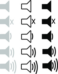 Set of speaker volume web icons. Increases and reduces the sound icon. Mute icon. Vector illustration.