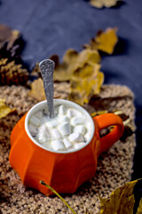 Hot autumn drink in an orange cup with marshmallows, next to a knitted scarf, autumn leaves, acorns on a dark table. Autumn cozy composition
