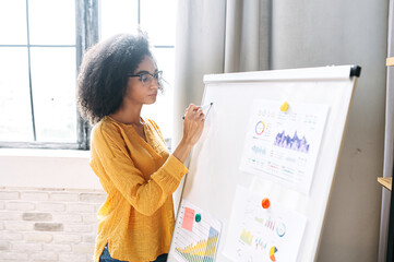 Intelligent african american woman in eyeglasses stands near whiteboard with a graphs and charts on...