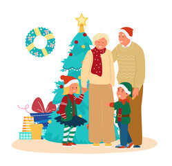 Grandparents With Grandchildren In Christmas Outfit Standing Near Christmas Tree With Gifts Boxes. Flat Vector Illustration.