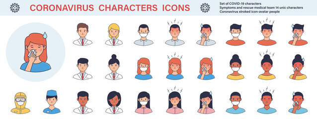 COVID-19 vector icons set illustrations of characters. Coronavirus symptoms and rescue medical team