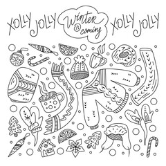 Holiday Collection. Set of winter outline icons. Hand drawn doodle illustration