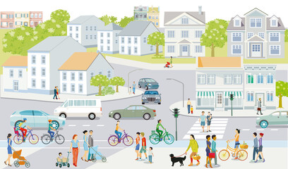Stadtsilhouette mit Menschen und Straßenverkehr, Illustration