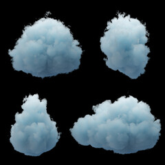 3d render. Random shapes of abstract blue clouds isolated on black background. Cumulus different views clip art.