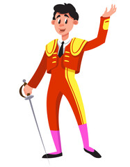 Bullfighter holding sword. Male character in cartoon style.