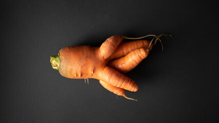 Ugly food. Odd form carrot on  black background.