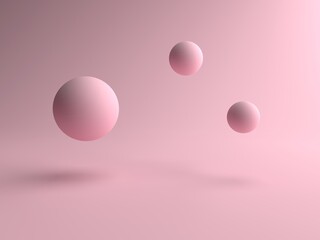 3D rendering. Minimal abstract scene with Spherical objects floating on many pink backgrounds. Independent floating round object, Isolated on pink background. Display product, illustration.