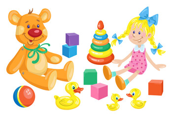 Kids toys. Cute doll, funny teddy bear, rubber ducks, ball, cubes and pyramid. In  cartoon style. Isolated on white background. Vector flat illustration.