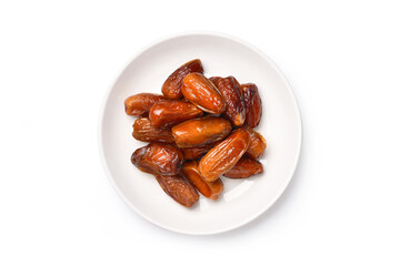 Top view of dried Date palm fruits in white plate isolate on white background with clipping path.