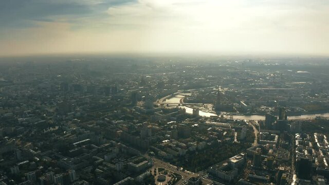 Aerial shot of Moscow cityscape involving the Moskva river, Arbat and Dorogomilovo districts. Russia