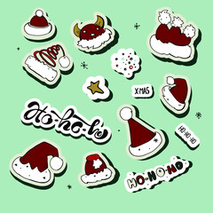 Different Santa hat collection. Ho-ho-ho handwritten text. Set of Christmas stickers. New year celebration sticker pack set. X-mas lettering for poster, banner, messaging app, party.