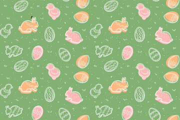 Cute colourful seamless Easter pattern. Simple white outline on green background. Doodle style.