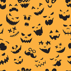 Fototapeta premium Seamless pattern Of Vintage Happy Halloween flat emotocons. Halloween Scrapbook Elements. Vector illustration. Cute Halloween Characters.
