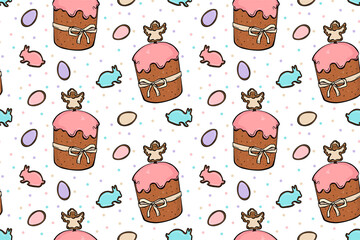 yummy Easter cakes pink glaze with colourful eggs and rabbits seamless pattern on white background. Doodle stile.