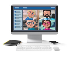 Remote working teams meeting online via desktop application 3d