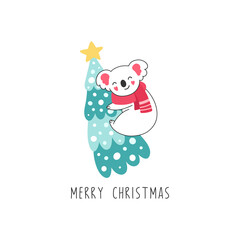 Koala in a scarf, Christmas tree, winter. Isolated vector illustration for children.