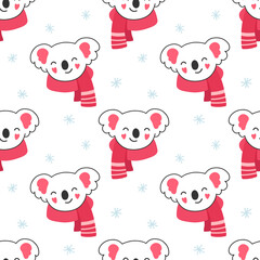 Seamless cute pattern koala in a scarf, winter, snowflakes. Vector illustration for children.