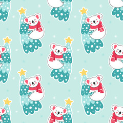 Seamless cute pattern, Christmas tree, snowflakes, koala in a scarf, winter. Vector illustration for children.