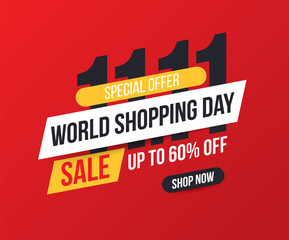 Banner for World shopping day sale 11.11. Shopping day sale and discounts poster. Global shopping world day. Sales online.