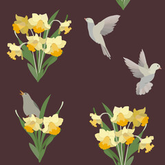 Vector seamless illustration with daffodils and birds