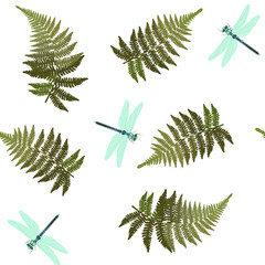 Seamless vector illustration with fern leaves and dragonflies