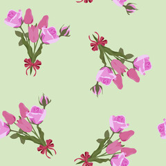 Seamless vector illustration with pink tulips and roses.