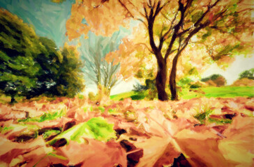 Painting of autumn, fall landscape in park