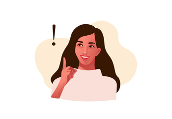 Thinking woman. Concept of a great idea. Beautiful female face, positive emotions. Vector illustration