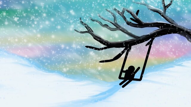 Landscape painting, Tree with swing and snowfall 