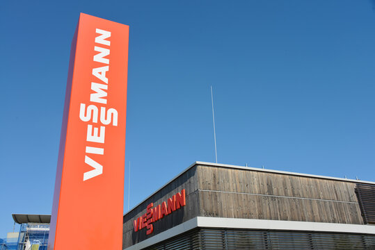 Hanover, Lower Saxony / Germany - April 21, 2019: Viessmann logo in Hanover, Germany - Viessmann is an international manufacturer of heating, industrial and refrigeration systems