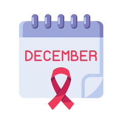 World AIDS day calendar icon, December calendar and red awareness ribbon vector illustration flat style design isolated on white. Colorful graphics