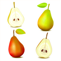 Red, Green yellow  pear realistic set. Cross section of cut pear and whole fruit, isolated vector illustration.
