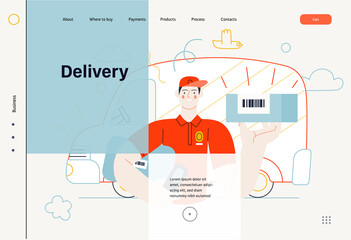 Business topics - shipping, web template. Flat style modern outlined vector concept illustration. A young man, delivery guy holding a parcel with barcode. Delivery truck behind. Business metaphor.