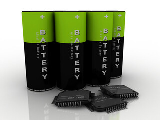 3d rendering Electrical energy and power supply source concept, accumulator battery with computer chip
   
    