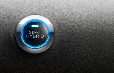 Start hybrid button with blue light - 3D illustration - obrazy, fototapety, plakaty