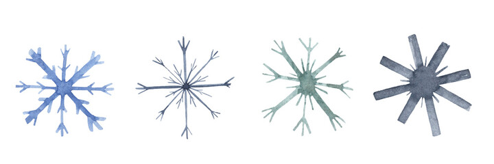 Set of watercolor snowflakes. Winter, nature elements, snow, crystal, holiday, christmas. For printing, cliparts, stickers, postcards, etc.