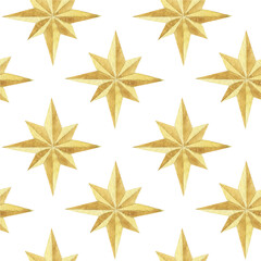 Seamless pattern with watercolor yellow stars. Christmas festive background. Decoration, holiday. For printing, fabric, textile, cover, packaging, wallpaper, scrapbooking.