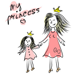 Vector illustration. Mom and daughter are holding hands. Beautiful pink dresses on mom and daughter, gold crowns on their heads. Cartoon illustration depicting mom and daughter as queen and princess.