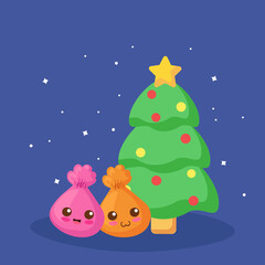 Kawaii stock vector illustration with cute colorful Candies & Xmas tree. Cute funny food characters. Happy New Year and Merry Christmas elements. Kids menu lettering. Sweet dessert for holidays.