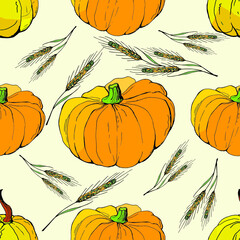  vector seamless background with bright holiday pumpkins for design. doodles