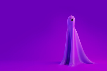 A minimal 3d rendering of a ghost for a Halloween background, all of them are purple, including clothed ghosts.