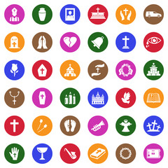 Funeral Icons. White Flat Design In Circle. Vector Illustration.