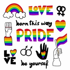 Pride doodle stickers set. Born this way, be yourself, love lettering text, rainbow heart, flag with hand, support and freedom symbols, gay pride month vector cartoon collection
